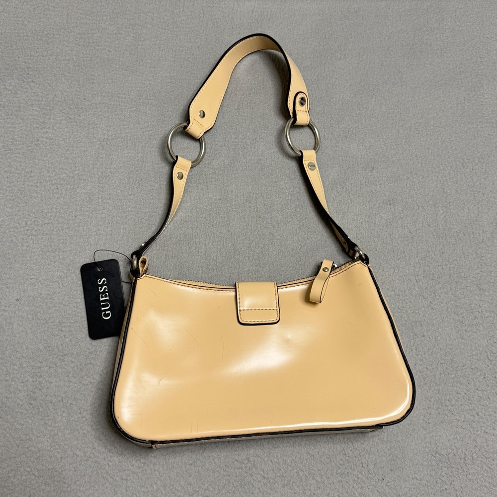 Guess Shoulder Bag Womens Tan Patent Faux Leather Y2K Baguette Small Pocket Mini - Picture 2 of 12